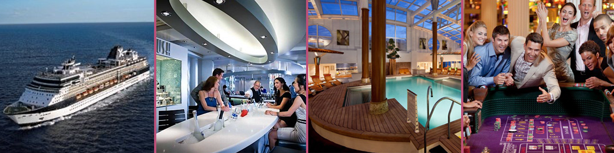 Image Collage of Cruise Ship, A Bar, A Pool, and Group Gambling Image Collage of Cruise Ship, A Bar, A Pool, and Group Gambling
