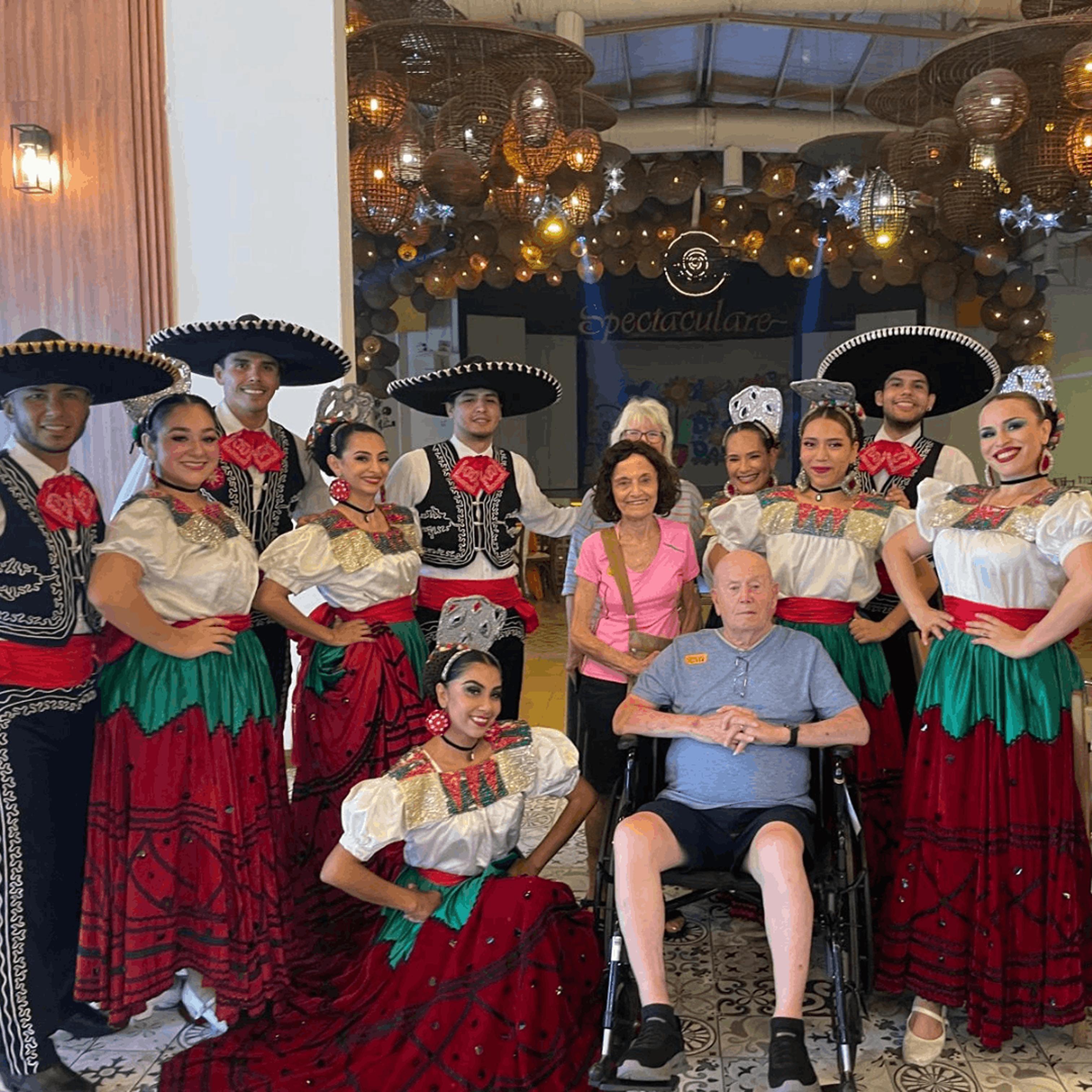 Mexican folkloric dancers in colorful traditional costumes